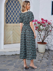 Floral High-waisted Short-sleeved V-neck Midi Dress