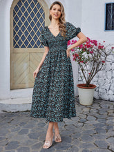 Floral High-waisted Short-sleeved V-neck Midi Dress