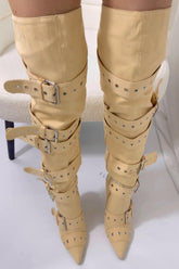 Multi Buckle Pointed Toe Thigh High Stiletto Heel Boots - Khaki