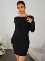 Round-neck Panelled Long-sleeved Gown Dress