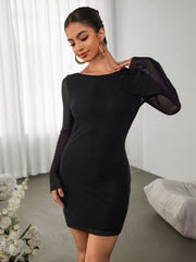 Round-neck Panelled Long-sleeved Gown Dress
