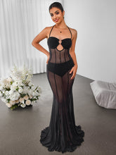 Sexy Mesh Sheer Halterneck Tie Solid Slim Dress