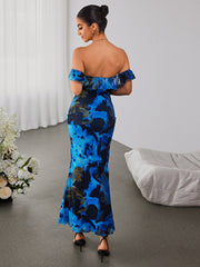 Fashion-Printed Ruffled Straight-Neck Bodycon Maxi Dress
