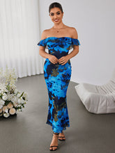 Fashion-Printed Ruffled Straight-Neck Bodycon Maxi Dress