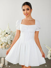 Pleated Square-neck Puff Sleeve Mini Dress