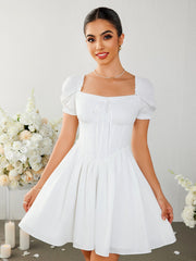 Pleated Square-neck Puff Sleeve Mini Dress