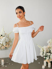 Pleated Square-neck Puff Sleeve Mini Dress