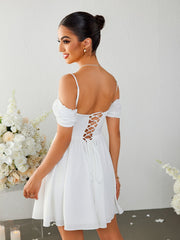 Pleated Square-neck Puff Sleeve Mini Dress