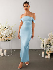 Temperament Straight-neck Satin Solid Color Bodycon Maxi Dress