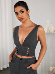Sexy Cut-out Solid Color Cinched Waist Crop Top