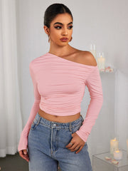 Sexy Long Sleeved Pleated Open Navel Top