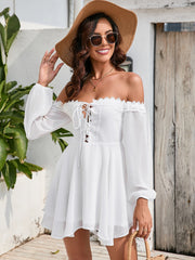 Resort-Style Solid Off-Shoulder Backless Mini Dress