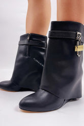 Faux Leather Padlock Detail Folded Wedge Heel Ankle Boots - Black