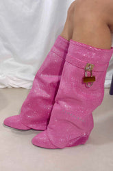 Gem Embellished Diamante Padlock Detail Folded Biker Knee High Boots - Pink