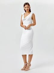 V-Neckline Ruched Cap Sleeve Midi Dress