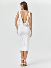 V-Neckline Ruched Cap Sleeve Midi Dress