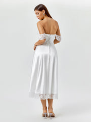 Square Neckline Lace Hem Satin Dress