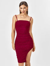 Enchanting Ruby Red Beaded Ruched Mini Dress