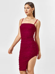 Enchanting Ruby Red Beaded Ruched Mini Dress