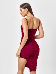 Enchanting Ruby Red Beaded Ruched Mini Dress