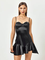 Satin Noir Flounce Mini Dress