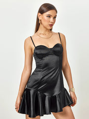 Satin Noir Flounce Mini Dress