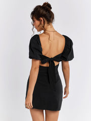 Puff Sleeves Lace Waistband Mini Dress