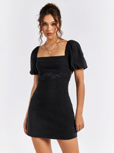 Puff Sleeves Lace Waistband Mini Dress