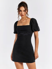 Puff Sleeves Lace Waistband Mini Dress