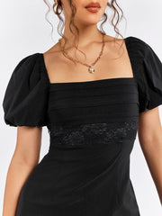 Puff Sleeves Lace Waistband Mini Dress