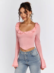 Long Sleeve Ruffle-Trim Top