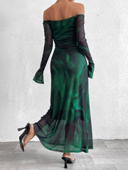 Fashion Print Straight-Neck Slim Fitting Maxi Dress