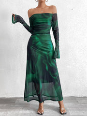 Fashion Print Straight-Neck Slim Fitting Maxi Dress