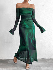 Fashion Print Straight-Neck Slim Fitting Maxi Dress