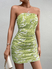 Mesh Bandeau Ruched Bodycon Dress