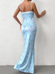 Sexy V-Neck Printed Slip Bodycon Maxi Dress