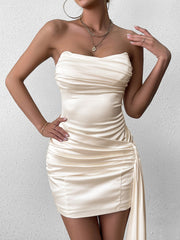 Elegant Solid Ruched Sleeveless Backless Bandeau Bodycon Mini Dress