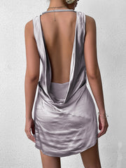 Sexy V-Neck Sleeveless Halter Neck Backless Solid Mini Dress