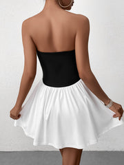 Black and White Contrasting Bandeau Backless Ruched Mini Dress
