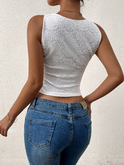 Solid Floral Print Lace Edges Deep V-Neck Sleeveless Top