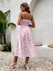 Sexy Sleeveless Backless Cinched Waist Ruched Floral Slip Midi Dress