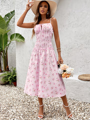 Sexy Sleeveless Backless Cinched Waist Ruched Floral Slip Midi Dress