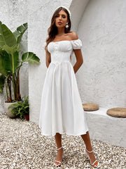 Vintage-Inspired Solid Ruched Off-Shoulder Midi Dress