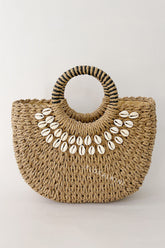 Shell-Embellished Woven Rattan Spherical Top Handle Beach Tote Bags