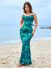 Cowl Neck Backless Print Maxi Dress