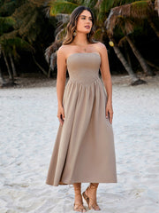 Straight-Neck Cinched Waist Maxi Dress