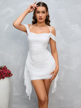 Cold Shoulder Ruffle Trim Ruched Mesh Bodycon Dress