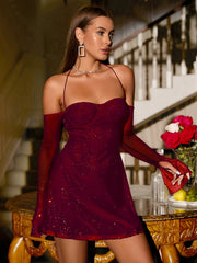 Halter Neck Flounce Sleeve Sparkly Mesh Dress