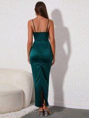 Draped Collar Split Satin Maxi Dress