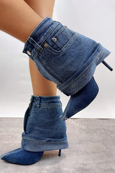 Denim Folded Mid Calf Pointed Toe Stiletto Heel Boots